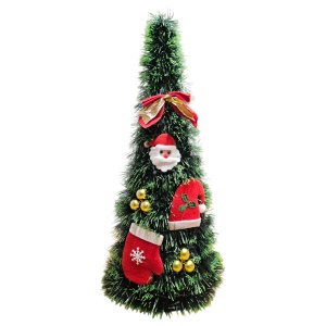 Decorațiune de Crăciun 48×18 cm – Brad Artificial cu Globuri, Fundă și Ornamente „Merry Christmas”
