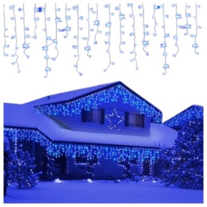 Instalație Crăciun Turturi – 15 m, 320 LED V5, Culoare Albastru, Fir Transparent, Perdea cu Franjuri, Interconectabilă, Interior/Exterior
