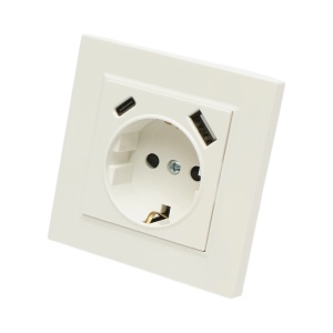 Priza schuko alba incastrata 220V, 16A, 2xUSB A+C 5V 2.1A, ABS 80x80mm, DISRP29