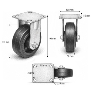 Roata fixa industriala 150x50mm fara frana, cauciuc plin negru, placa otel 115x100mm 200kg, DISVG26 - Img 3