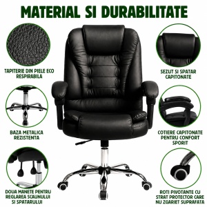 Scaun de birou ergonomic directorial cu suport lombar, piele ecologica neagra, rotativ, spatar si inaltime reglabile, BRECKNER GERMANY, BK99243 - Img 6