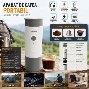 Aparat de cafea portabil cu acumulator 1800mAh, 12V, 10W, presiune 15 bar, rezervor apa 110ml, cafea macinata, capsule Nespresso, DISWK94 - Img 4