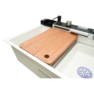 Chiuveta bucatarie multifunctionala din otel inoxidabil alb mat PVD cu doua baterii, afisaj digital temperatura, doua cascade, dozator detergent, spalator pahare, scurgator, tava, tocator si accesorii incluse 75x46x22cm, DISVM74 - Img 8