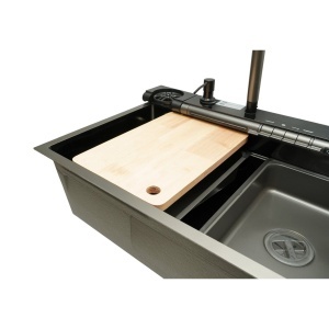 Chiuveta bucatarie multifunctionala din otel inoxidabil grafit mat PVD cu doua baterii, afisaj digital temperatura, doua cascade, dozator detergent, spalator pahare, scurgator, tava, tocator si accesorii incluse 75x46x22cm, DISVM36 - Img 8