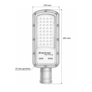 Lampa iluminat stradal LED 30W, 100-265V, 6500K, 3300lm cu prindere pe stalp 285x100x25mm IP66 Breckner Germany, BK00182 - Img 5