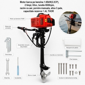 Motor barca pe benzina 2.2 CP, 2 timpi, 63cc, turatie 6500rpm, racire cu aer, pornire manuala, elice 3 pale, capacitate rezervor 1.4L THOR, 01TH002