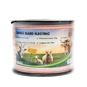 Rola banda rosu-alb 10mm insertie metalica 4x0.16mm SS, rezistenta 13 Ohm/m, 250m gard electric, Cod: M87Z657, Brand: MEZOFARM - Img 1