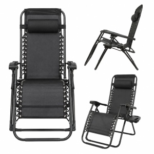 Scaun relaxare pliabil zero gravity tip sezlong negru cu suport pahar si tava, tetiera detasabila, structura otel, BK99242