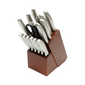 Set cutite bucatarie 16 piese cu suport lemn, foarfeca si pila ascutit, lama otel 3Cr13, maner otel 18/0 Breckner Germany, AAA386
