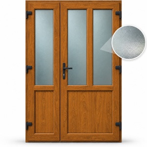 Usa T-Model Dubla, PVC & termopan, 140x210cm, maro, stejar auriu, dreapta, Klass, 7cm, 6 camere, sticla mata nisip alb
