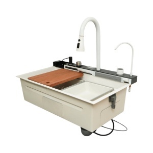 Chiuveta bucatarie multifunctionala din otel inoxidabil alb mat PVD cu doua baterii, afisaj digital temperatura, doua cascade, dozator detergent, spalator pahare, scurgator, tava, tocator si accesorii incluse 75x46x22cm, DISVM74 - Img 5