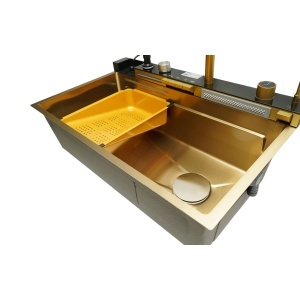 Chiuveta bucatarie multifunctionala din otel inoxidabil auriu PVD cu doua baterii, afisaj digital temperatura, doua cascade, dozator detergent, spalator pahare, scurgator, tava, tocator si accesorii incluse 75x46x22cm, DISVM34 - Img 8