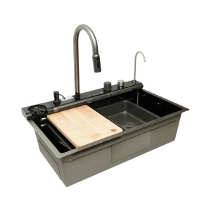 Chiuveta bucatarie multifunctionala din otel inoxidabil grafit mat PVD cu doua baterii, afisaj digital temperatura, doua cascade, dozator detergent, spalator pahare, scurgator, tava, tocator si accesorii incluse 75x46x22cm, DISVM36 - Img 5