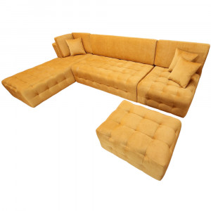 Colțar Fix Bologna, 320x200x75cm, 7 locuri, Luna V-08 Orange , în formă de "L", stanga, cu taburete mare inclus, Glasspandoor - Img 6