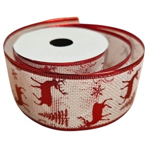 Panglică Crăciun – Crem cu Roșu, Cerbi & Reni, 5 cm × 2.80 m