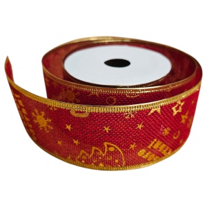 Panglică Crăciun – Roșu cu Auriu, Brăduți & Merry Christmas, 5 cm × 2.80 m