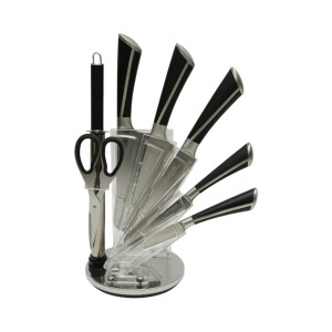 Set cutite bucatarie 8 piese cu suport rotativ acrilic, foarfeca si pila ascutit, lama otel 3Cr13, maner otel 18/0 negru Breckner Germany, AAA383