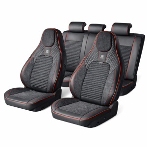 Set huse scaune auto Premium Negru-Rosu universale, design sport ergonomic, piele ecologica cu insertii textile, fata + spate 11 piese, DISVG58