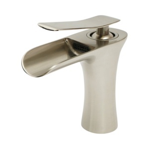 Baterie lavoar baie Premium din cupru, pipa tip cascada, design rotund, monocomanda, argintiu satinat, furtunuri incluse, BK00132