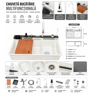 Chiuveta bucatarie multifunctionala din otel inoxidabil alb mat PVD cu doua baterii, afisaj digital temperatura, doua cascade, dozator detergent, spalator pahare, scurgator, tava, tocator si accesorii incluse 75x46x22cm, DISVM74 - Img 2