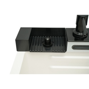 Chiuveta bucatarie multifunctionala din otel inoxidabil alb mat PVD cu doua baterii, afisaj digital temperatura, doua cascade, dozator detergent, spalator pahare, scurgator, tava, tocator si accesorii incluse 75x46x22cm, DISVM74 - Img 12