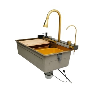 Chiuveta bucatarie multifunctionala din otel inoxidabil auriu PVD cu doua baterii, afisaj digital temperatura, doua cascade, dozator detergent, spalator pahare, scurgator, tava, tocator si accesorii incluse 75x46x22cm, DISVM34 - Img 5