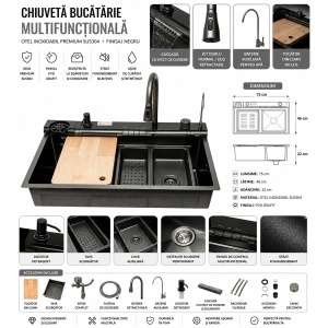 Chiuveta bucatarie multifunctionala din otel inoxidabil grafit mat PVD cu doua baterii, afisaj digital temperatura, doua cascade, dozator detergent, spalator pahare, scurgator, tava, tocator si accesorii incluse 75x46x22cm, DISVM36 - Img 2