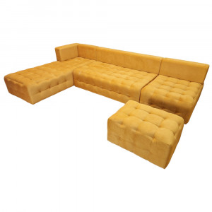 Colțar Fix Bologna, 320x200x75cm, 7 locuri, Luna V-08 Orange , în formă de "L", stanga, cu taburete mare inclus, Glasspandoor - Img 7