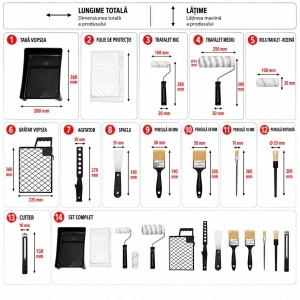 Set vopsit si zugravit cu trafaleti poliester 10cm, 25cm, 4 pensule, spaclu, mixer, tavita vopsea, gratar, folie protectie, cutter 15 piese Breckner Germany, BK00376 - Img 3