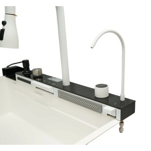Chiuveta bucatarie multifunctionala din otel inoxidabil alb mat PVD cu doua baterii, afisaj digital temperatura, doua cascade, dozator detergent, spalator pahare, scurgator, tava, tocator si accesorii incluse 75x46x22cm, DISVM74 - Img 9