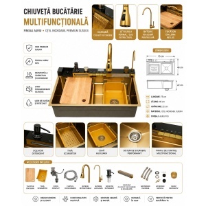 Chiuveta bucatarie multifunctionala din otel inoxidabil auriu PVD cu doua baterii, afisaj digital temperatura, doua cascade, dozator detergent, spalator pahare, scurgator, tava, tocator si accesorii incluse 75x46x22cm, DISVM34 - Img 2