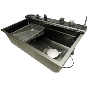 Chiuveta bucatarie multifunctionala din otel inoxidabil grafit mat PVD cu doua baterii, afisaj digital temperatura, doua cascade, dozator detergent, spalator pahare, scurgator, tava, tocator si accesorii incluse 75x46x22cm, DISVM36 - Img 9