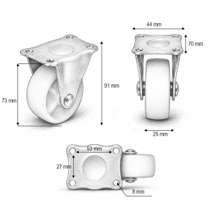 Roata fixa 73x25mm fara frana, polipropilena alba, placa otel 70x44mm 45kg, DISVF96 - Img 7