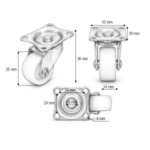 Roata pivotanta 25x14mm fara frana, polipropilena alba, placa otel 39x33mm 10kg, DISVF85 - Img 3