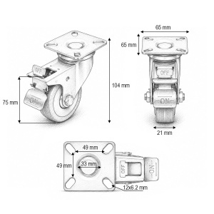 Roata pivotanta 75x21mm cu frana, cauciuc plin albastru, placa otel 65x65mm 45kg, DISVF82 - Img 3