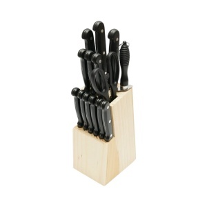 Set cutite bucatarie 15 piese cu suport lemn, foarfeca si pila ascutit, lama otel 3Cr13, maner ABS negru Breckner Germany, AAA384