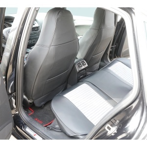 Set huse scaune auto Premium Negru-Gri universale, design sport ergonomic, piele ecologica cu insertii textile, fata + spate 11 piese, DISVG59 - Img 6