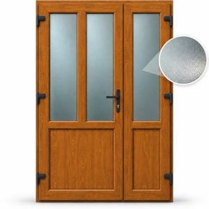 Usa T-Model Dubla, PVC & termopan, 140x210cm, maro, stejar auriu, stanga, Klass, 7cm, 6 camere, sticla mata nisip alb