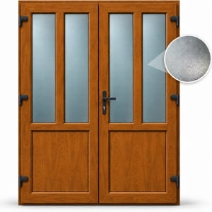 Usa T-Model Dubla, PVC & termopan, 200x210cm, maro, stejar auriu, dreapta, Klass, 7cm, 6 camere, sticla mata nisip alb