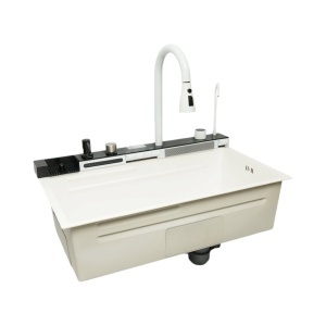 Chiuveta bucatarie multifunctionala din otel inoxidabil alb mat PVD cu doua baterii, afisaj digital temperatura, doua cascade, dozator detergent, spalator pahare, scurgator, tava, tocator si accesorii incluse 75x46x22cm, DISVM74 - Img 6