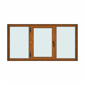 Fereastra 230x120cm, 3 canate, maro, stejar auriu, stanga si rabatare, Klass, 7cm, 6 camere, 2 garnituri - Img 1
