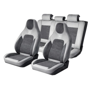 Set huse scaune auto Premium Crem-Gri universale, design sport ergonomic, piele ecologica cu insertii textile, fata + spate 11 piese, DISVG57