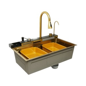 Chiuveta bucatarie multifunctionala din otel inoxidabil auriu PVD cu doua baterii, afisaj digital temperatura, doua cascade, dozator detergent, spalator pahare, scurgator, tava, tocator si accesorii incluse 75x46x22cm, DISVM34 - Img 6