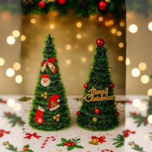Decorațiune de Crăciun 48×18 cm – Brad Artificial cu Globuri, Fundă și Ornamente „Merry Christmas” - Img 5