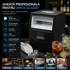 Masina de facut gheata profesionala 40 kg/24h, rezervor apa 3.5L, conexiune apa retea, cos colectare 4kg, autocuratare, afisaj LCD,BK00441 - Img 2