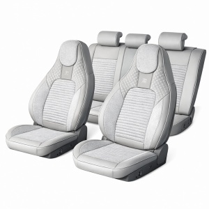 Set huse scaune auto Premium Crem-Gri universale, design sport ergonomic, piele ecologica cu insertii textile, fata + spate 11 piese, DISVG60