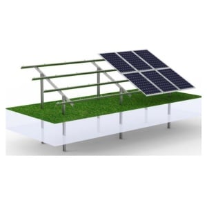 Sistem complet montare structura sol cu stalpi pentru 20-24 panouri solare fotovoltaice de 2384x1096x35mm, 2384x1303x35mm, lungime 13.6m, 70cm garda sol, unghi 30 grade, DISKH86