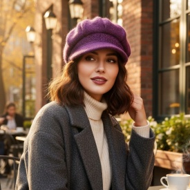 Дамска зимна плетена шапка с козирка и декоративни камъчета