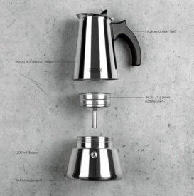 Разглобена кафеварка moka pot с обозначени части – горна част, филтър за кафе и долен съд за вода