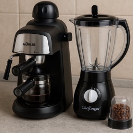 Комплект MUHLER MCM-33 Еспресо машина + 2 стъклени чаши и блендер с мелничка Cheffinger Home CF-PB1.5